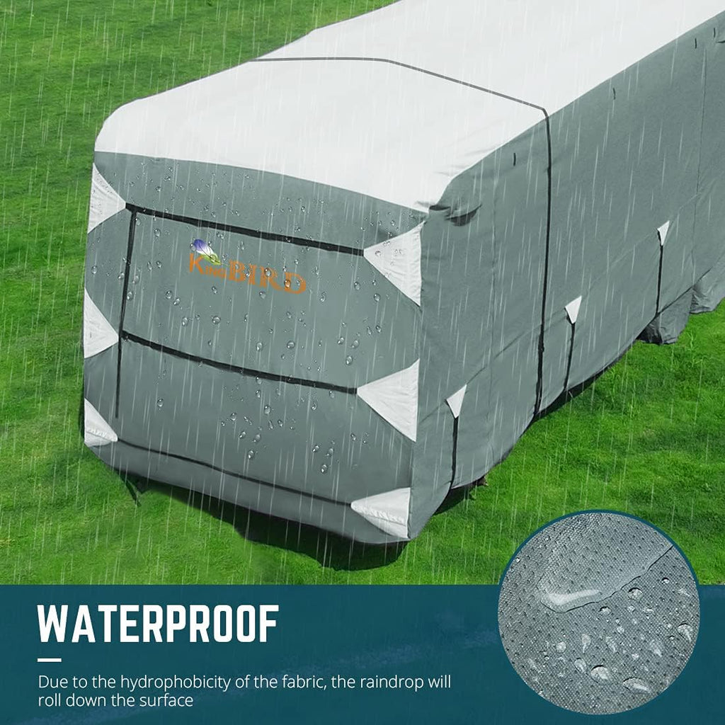 5th Wheel RV Cover, Extra-Thick 5 Layers Anti-UV Top Panel, Fits 28.5'-32.5' Motorhome with 2Pcs Extra Straps & 4 Tire Covers M901