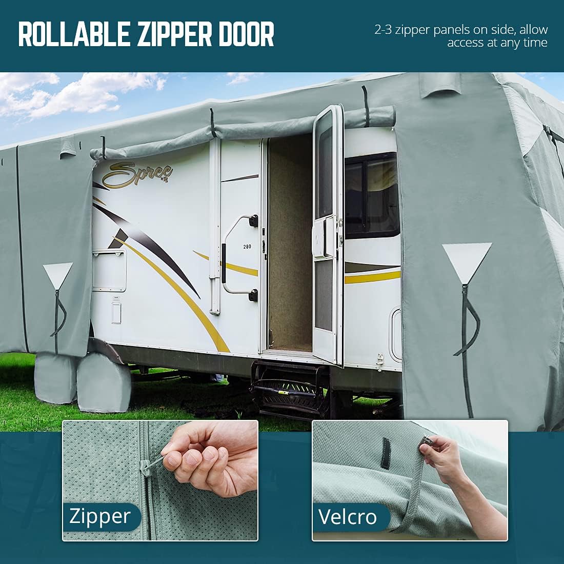 5th Wheel RV Cover, Extra-Thick 5 Layers Anti-UV Top Panel, Fits 28.5'-32.5' Motorhome with 2Pcs Extra Straps & 4 Tire Covers M901