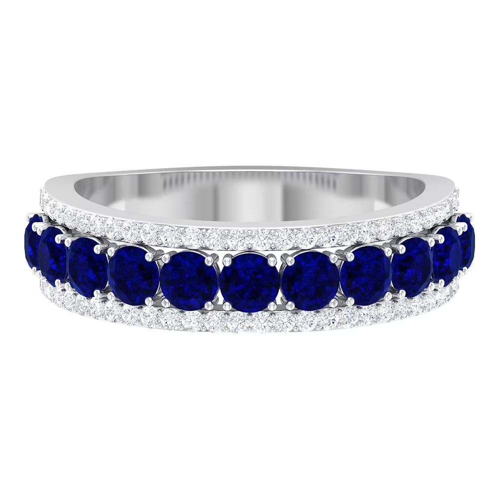 Blue Sapphire and Diamond Band Ring, 925 Sterling Silver U41153