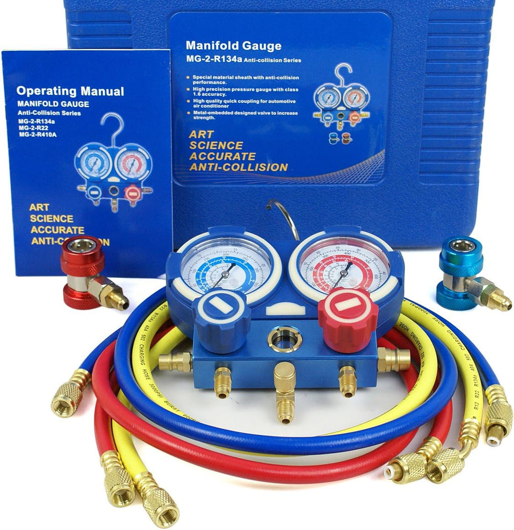 A/C Manifold Gauge Set R134a Refrigeration Kit Brass 4FT w/Case, 1/4 SAE Fittings B13036