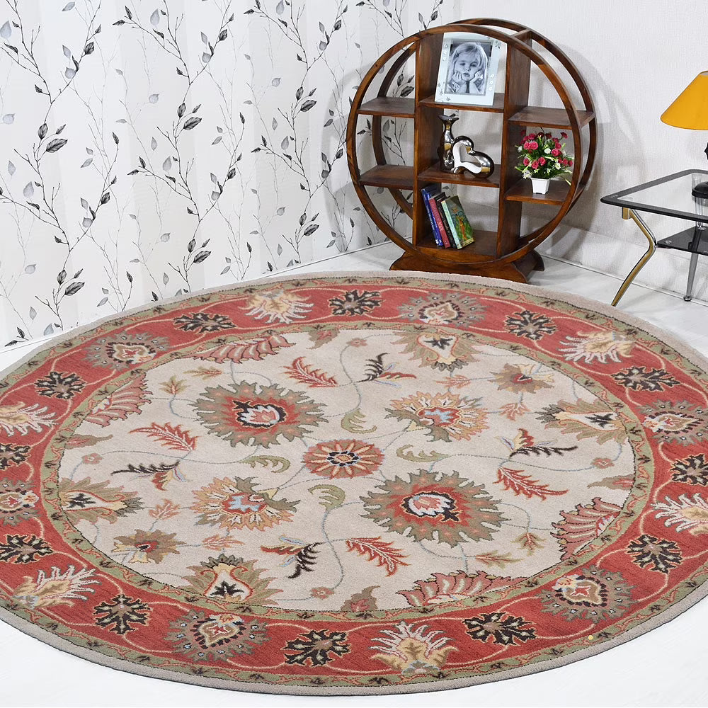 Hand Tufted Wool Round Area Rug, 10'x10', Beige Red, High Pile D2103