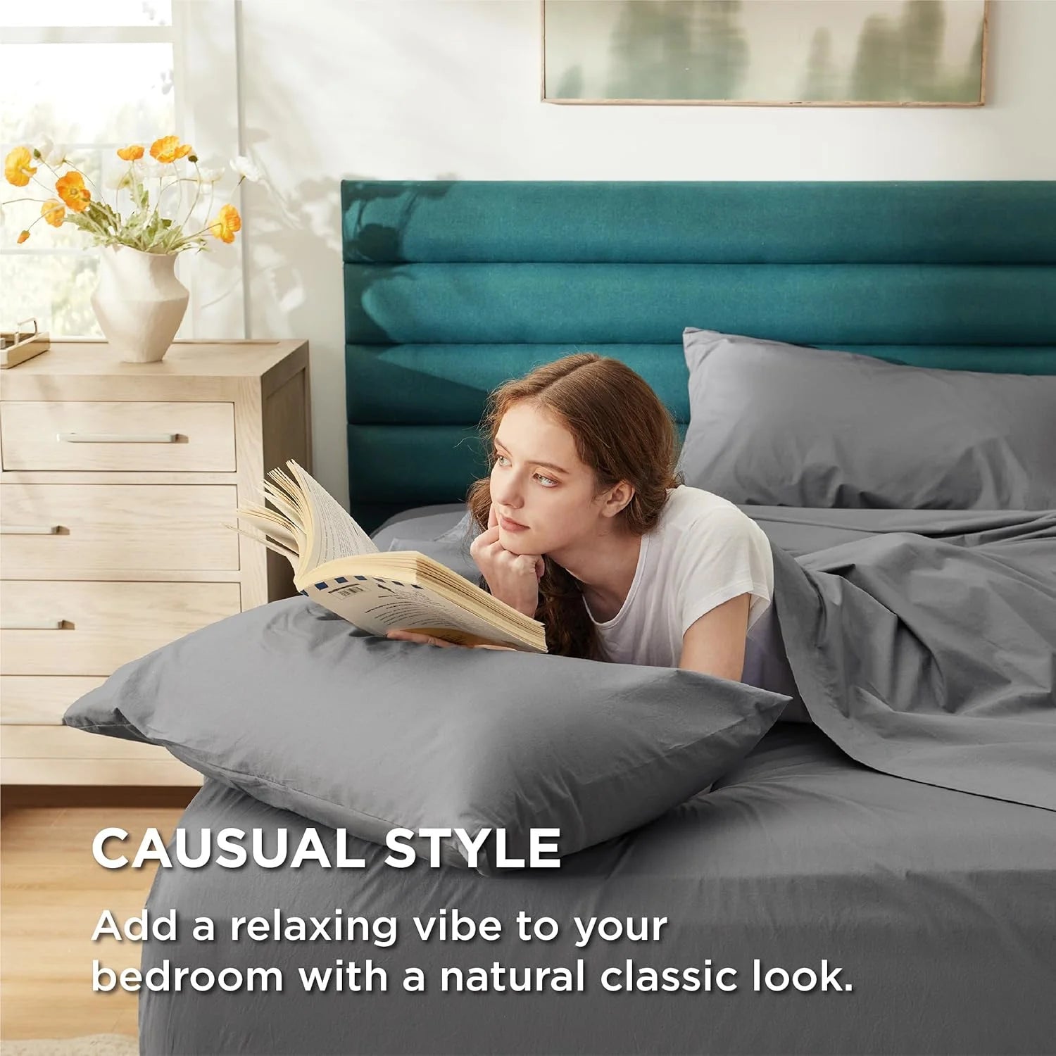 Grey Queen Size 100% Cotton Percale Sheet Set, 4 Pieces M208