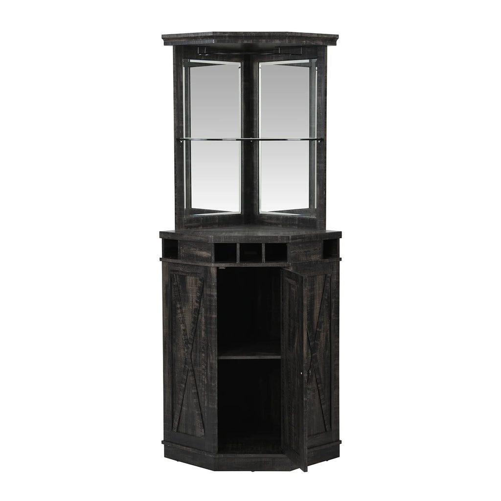 Corner Bar Unit with Two Glass Shelves, Built-in Wine Rack and Lower Cabinet, Charcoal R95449