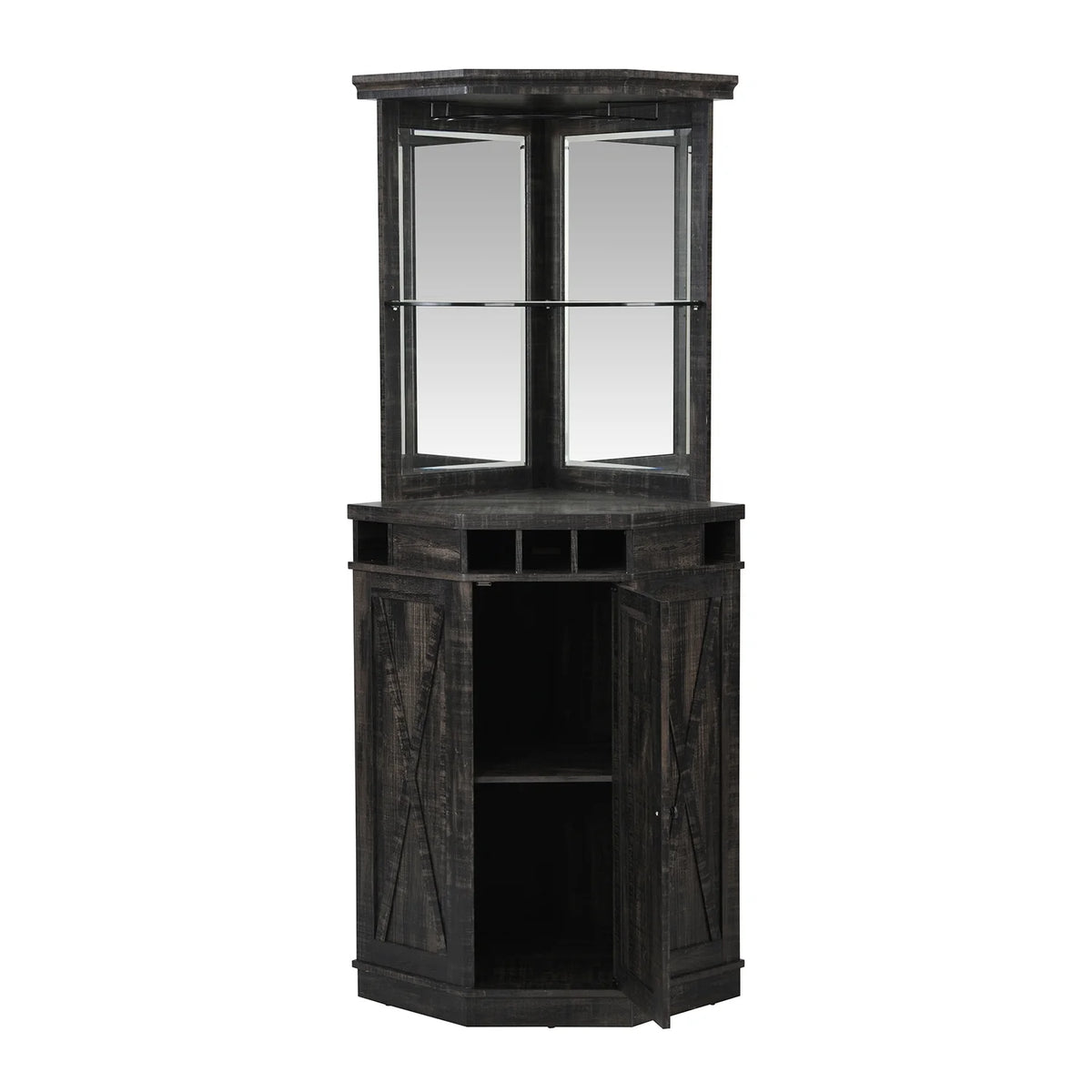 Corner Bar Unit with Two Glass Shelves, Built-in Wine Rack and Lower Cabinet, Charcoal R95449