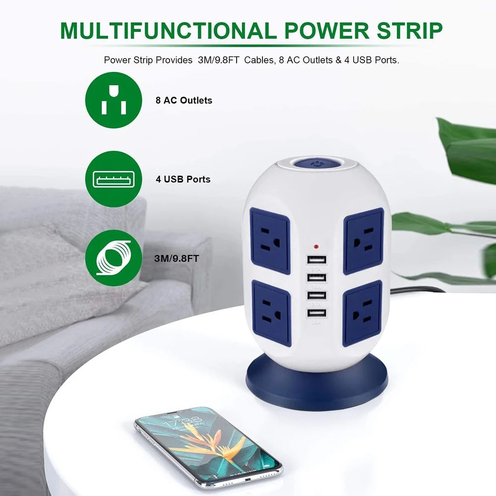 Multi Plug Charging Tower Surge Protector 8 AC Outlets 4 USB Port Power Strip Tower Extension Cord 3 Meters M24349