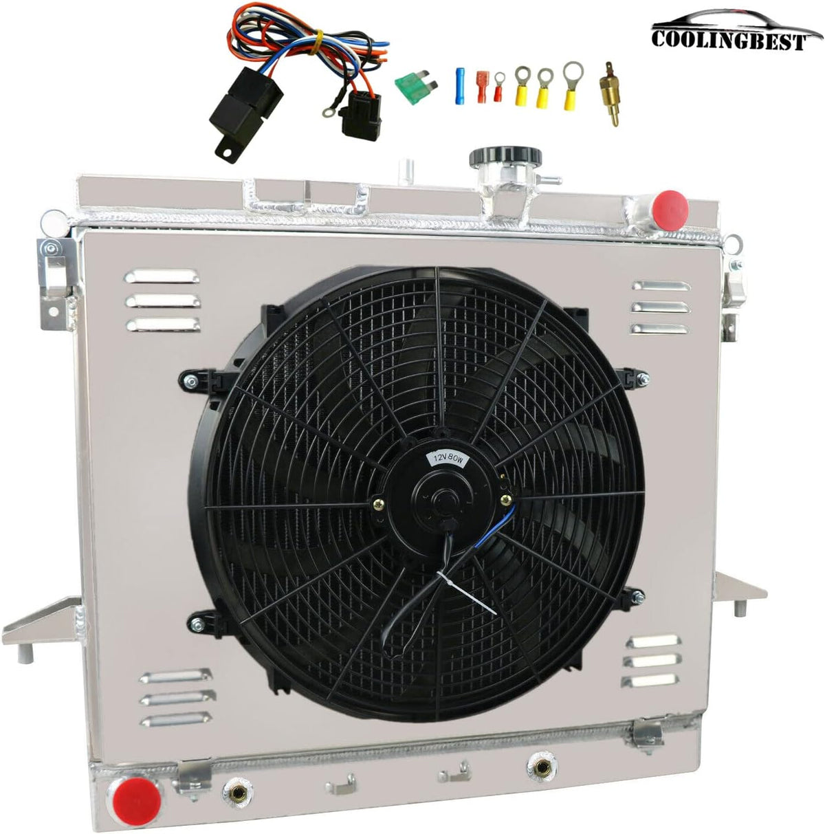 3 Row Aluminum Radiator with Electric Fan Shroud Thermostat Kit Combo X670257