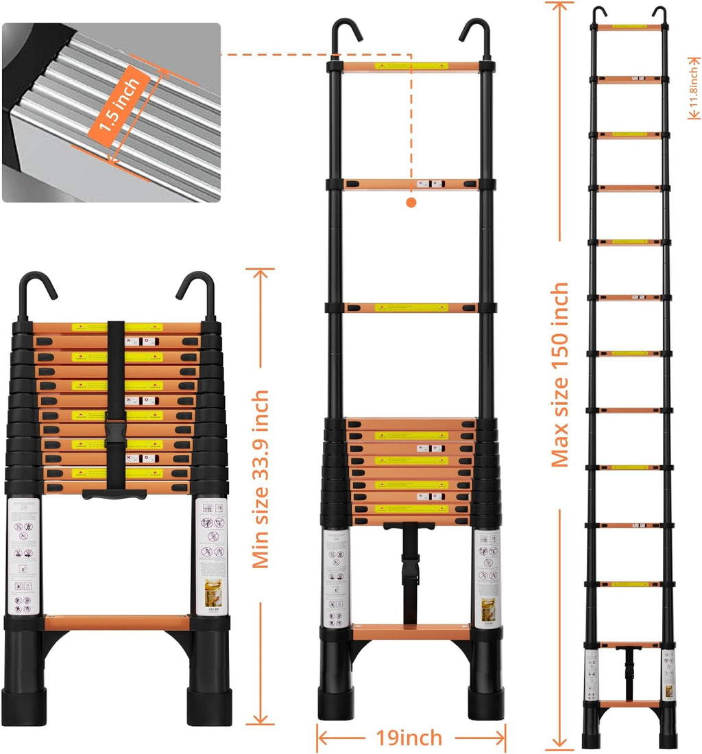 12.5FT Aluminum Telescoping Extension Ladder with Hooks & Stabilizers, 330lbs Capacity, Orange & Black V217