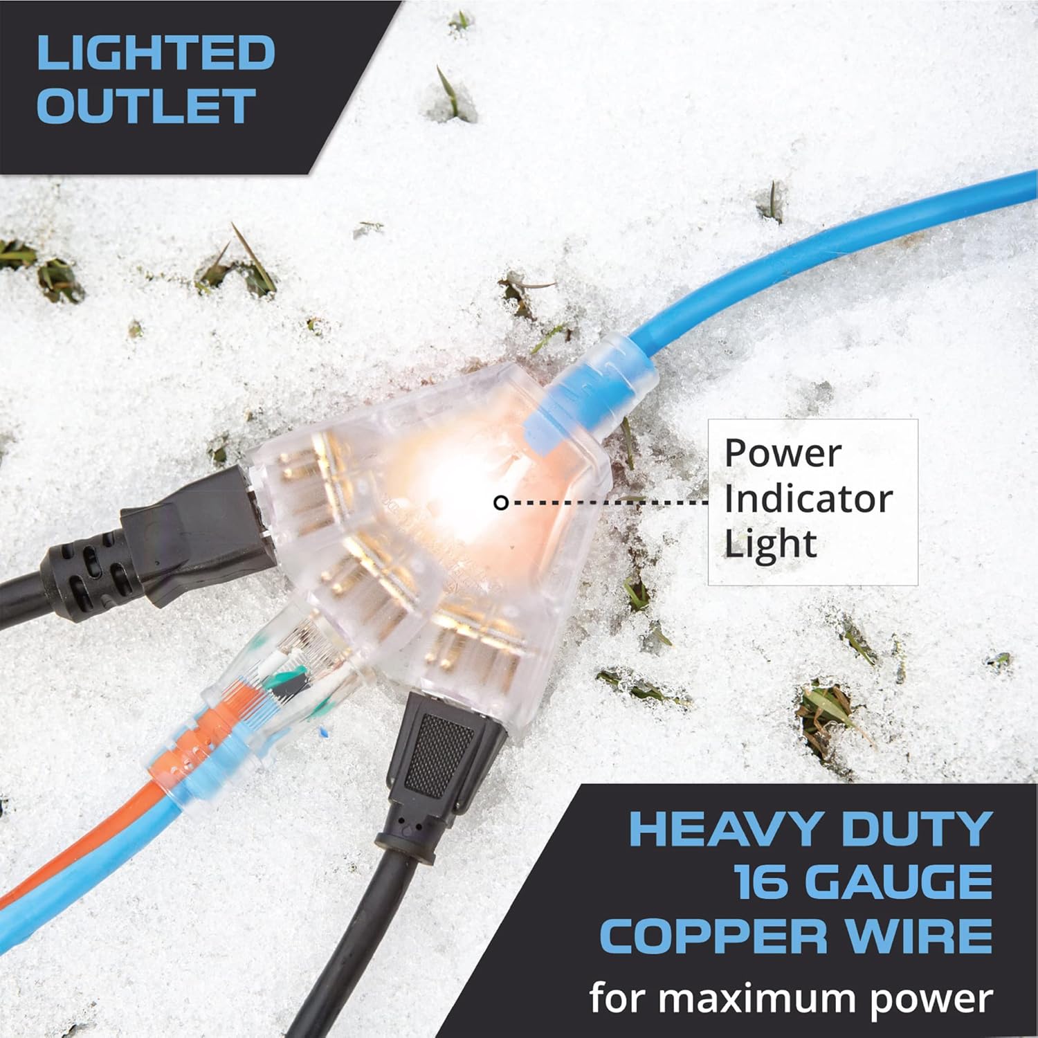 100 Ft All Weather Extension Cord with 3 Electrical Power Outlets, 16/3 SJEOW Lighted Outdoor Cable P423