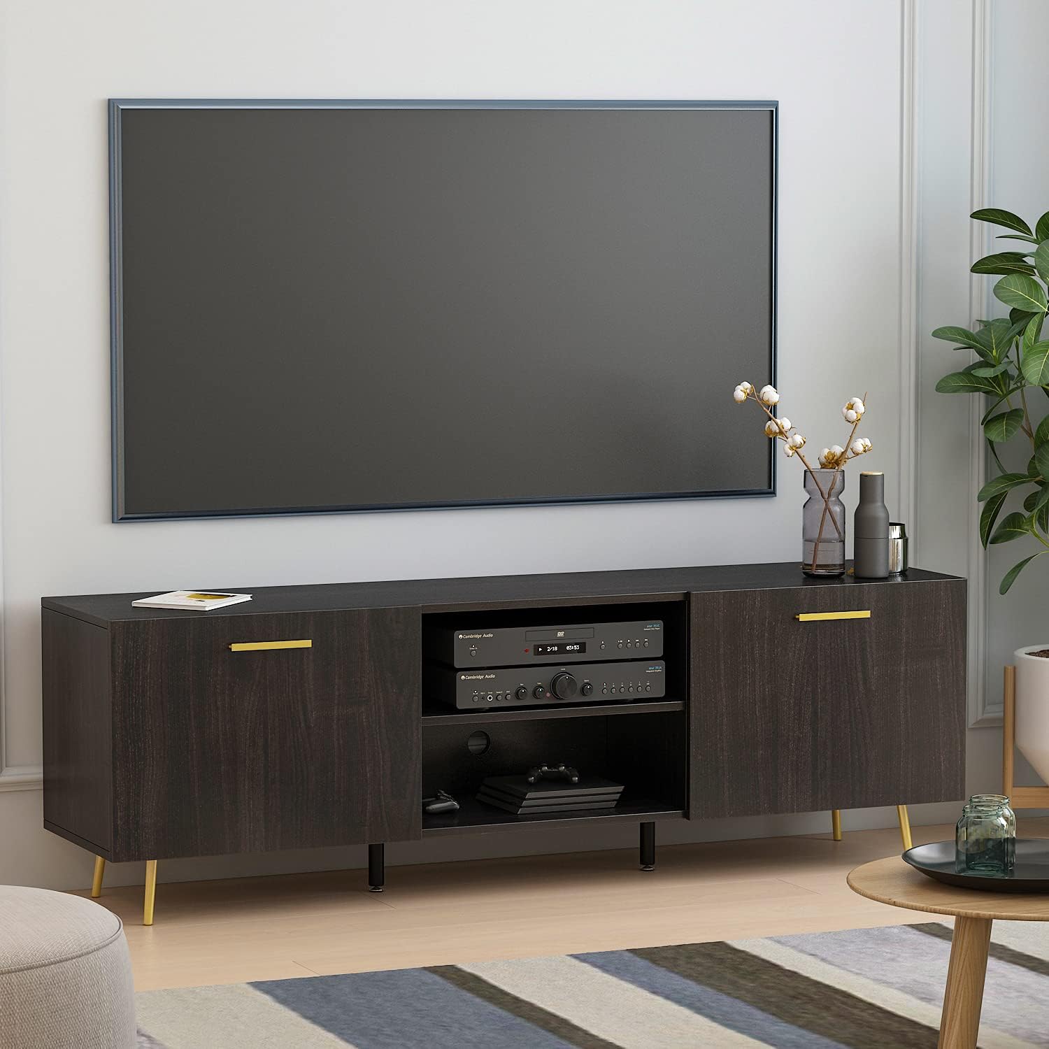 Espresso Wooden TV Cabinet with Shelves & Doors and Gold Metal Legs P950626