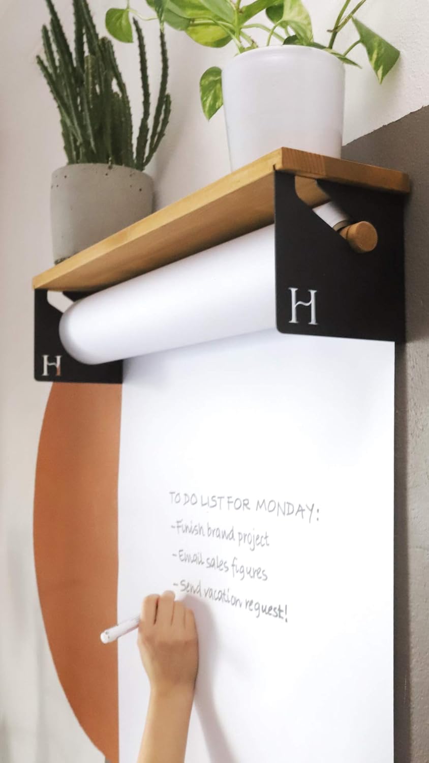 Wall Mounted Kraft Paper Dispenser and Cutter with Paper Roll, Wood Shelf, Magnetic Pencil Holder Y347