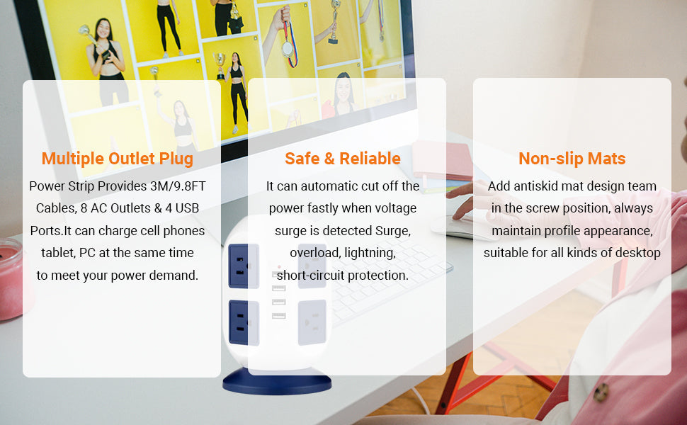 Multi Plug Charging Tower Surge Protector 8 AC Outlets 4 USB Port Power Strip Tower Extension Cord 3 Meters M24349