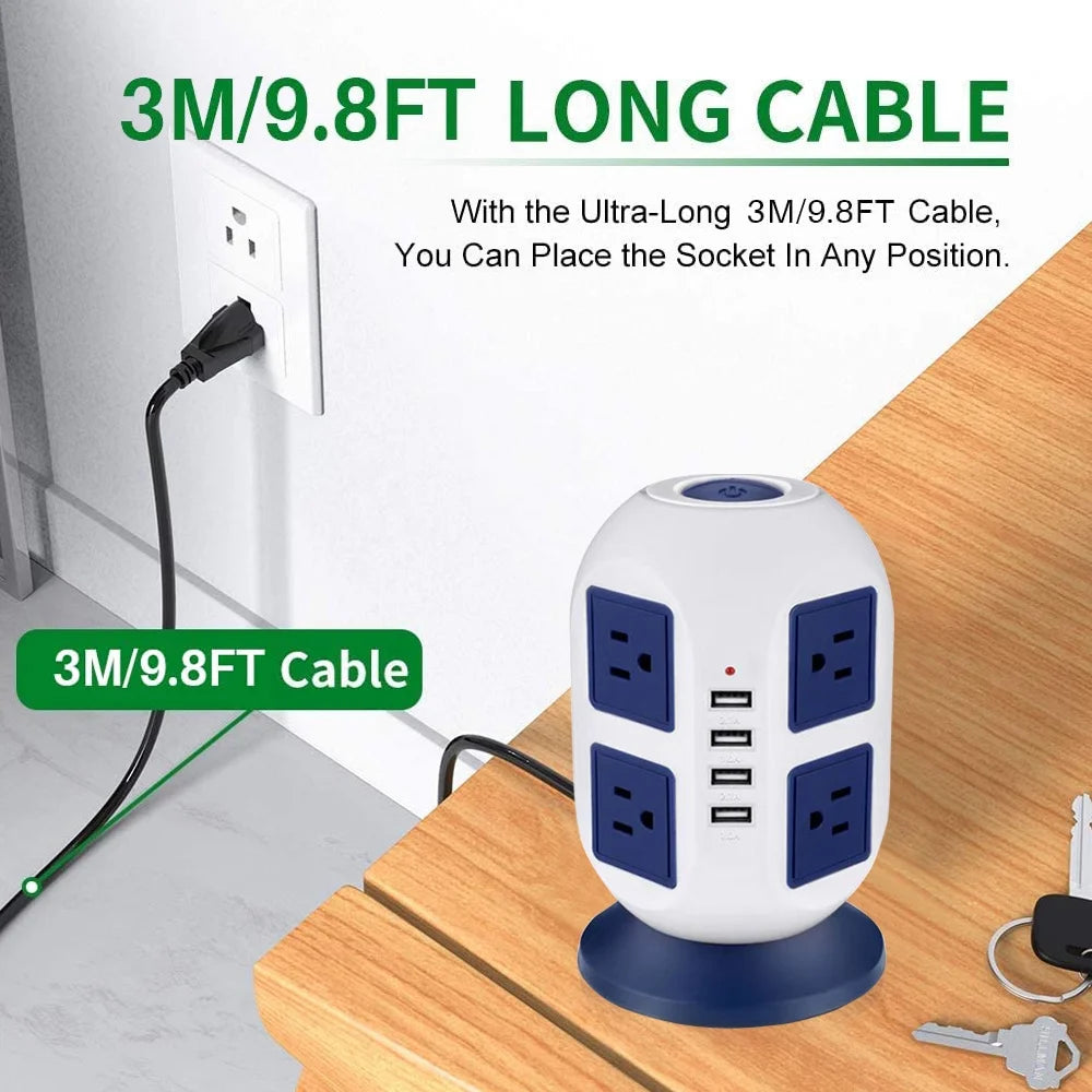 Multi Plug Charging Tower Surge Protector 8 AC Outlets 4 USB Port Power Strip Tower Extension Cord 3 Meters M24349
