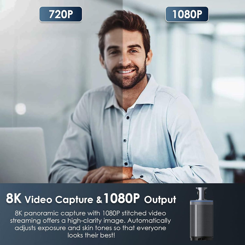 8K 360-Degree Video Conference Camera with 8 Noise-Cancelling Microphones and Speaker P2421