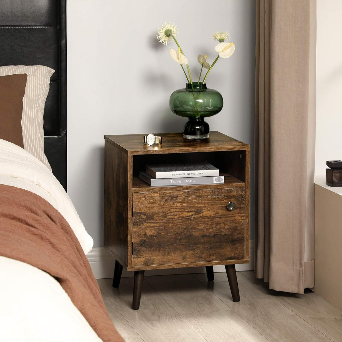 Rustic Brown Nightstand with Open Shelf and Cabinet Y812