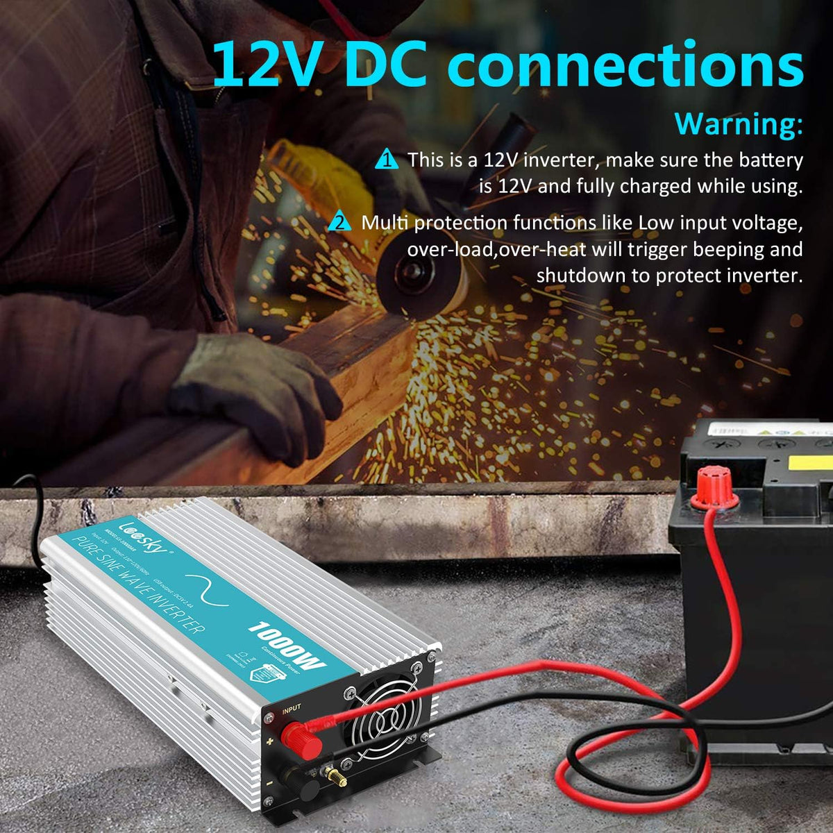2000W Pure Sine Wave Power Inverter DC 12V to AC 110V 120V with GFCI Socket Dual 2.4A USB Ports LCD Display Remote Controller K87556