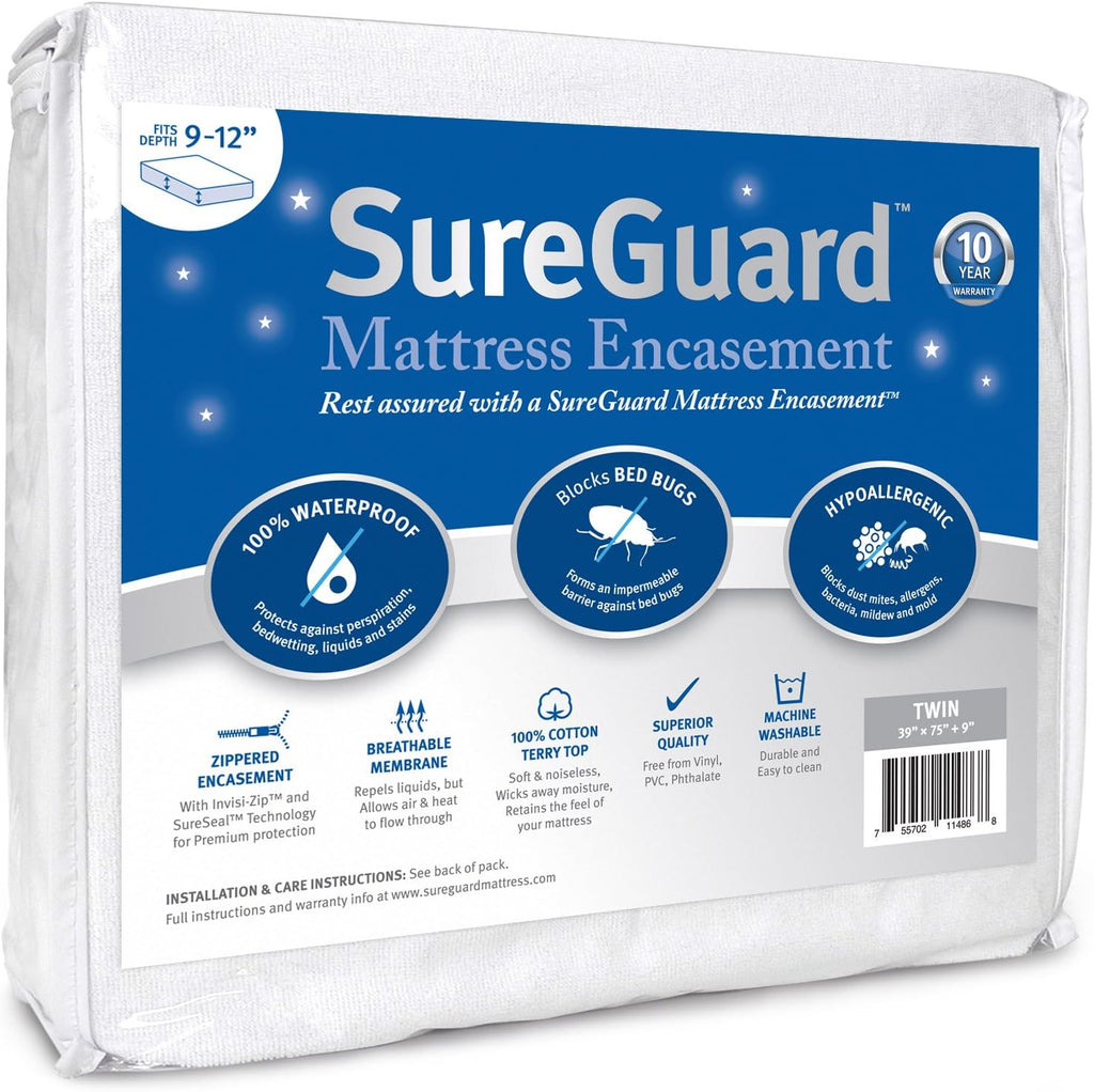 Twin Mattress Encasement, 100% Waterproof, Zippered Six-Sided Cover H833