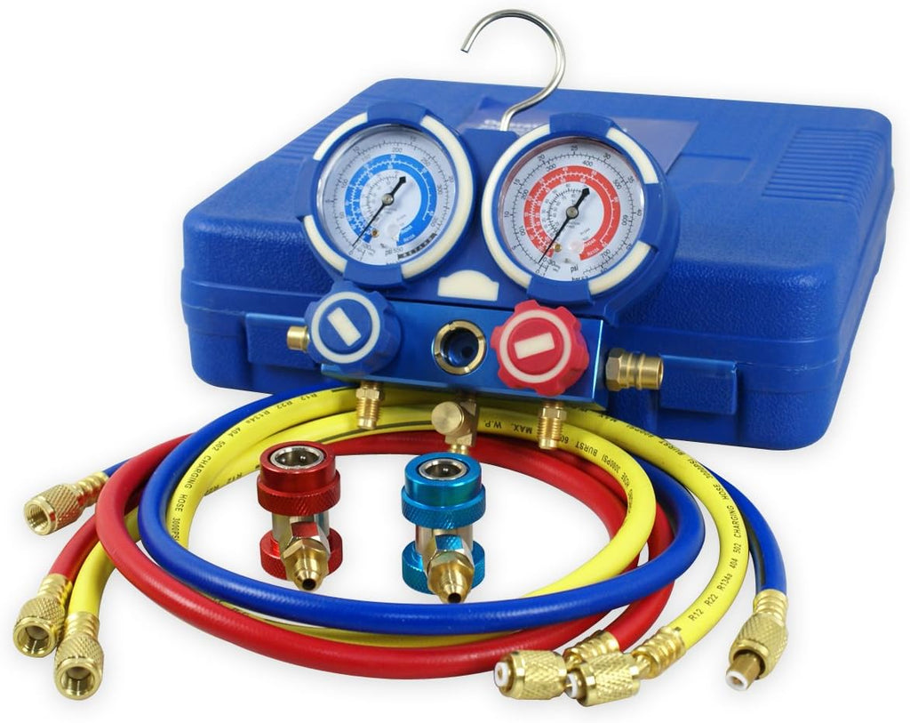 A/C Manifold Gauge Set R134a Refrigeration Kit Brass 4FT w/Case, 1/4 SAE Fittings B13036