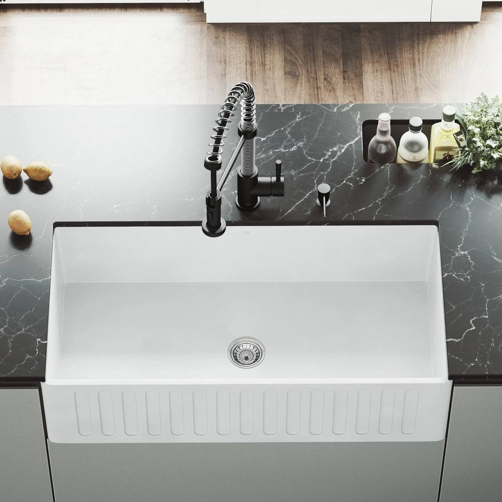 Matte Stone Farmhouse Kitchen Sink Set with Edison Faucet in Matte Black S341
