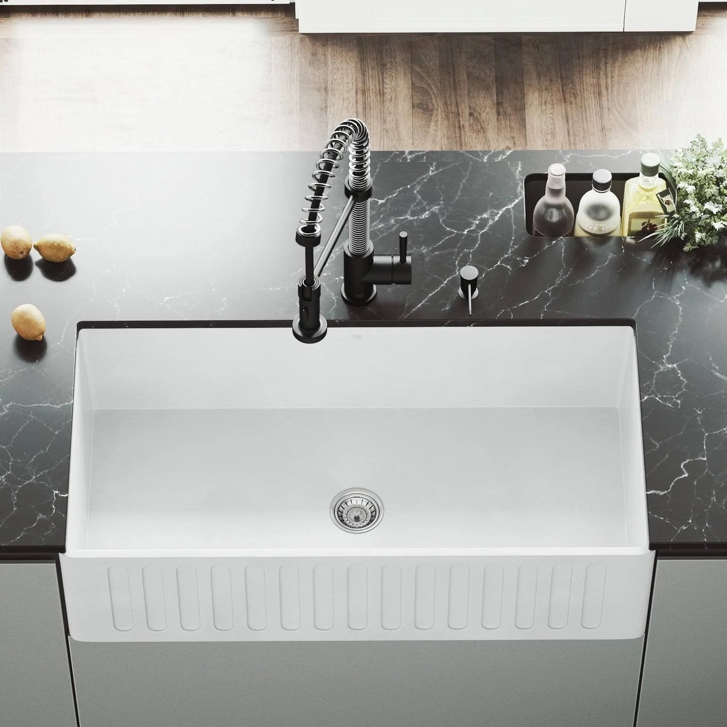 Matte Stone Farmhouse Kitchen Sink Set with Edison Faucet in Matte Black S341