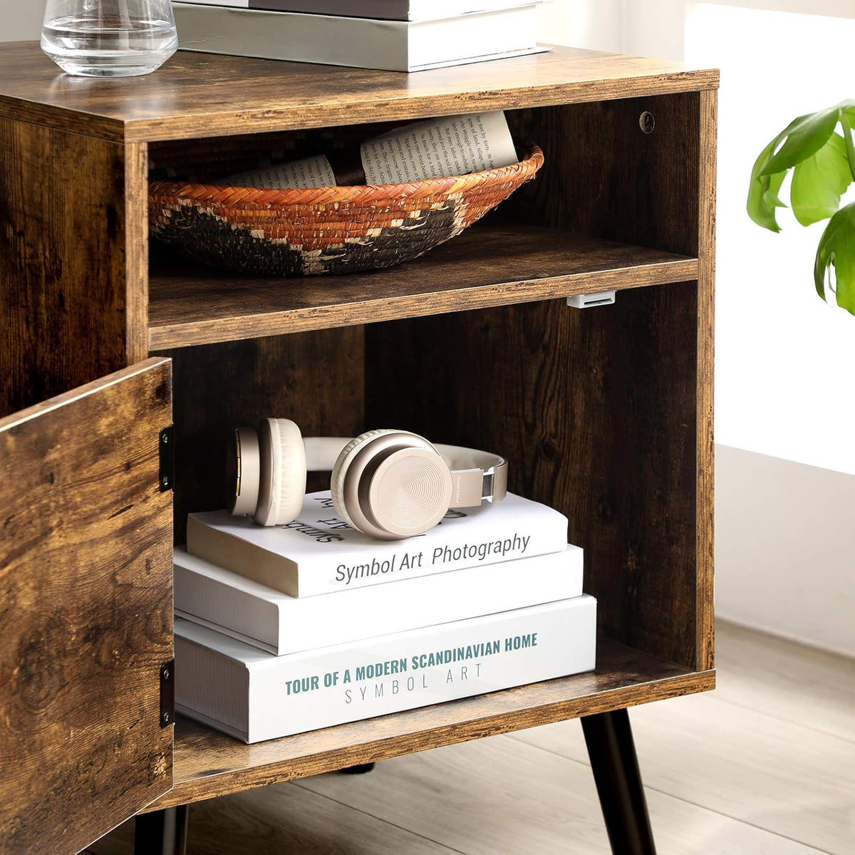 Rustic Brown Nightstand with Open Shelf and Cabinet Y812