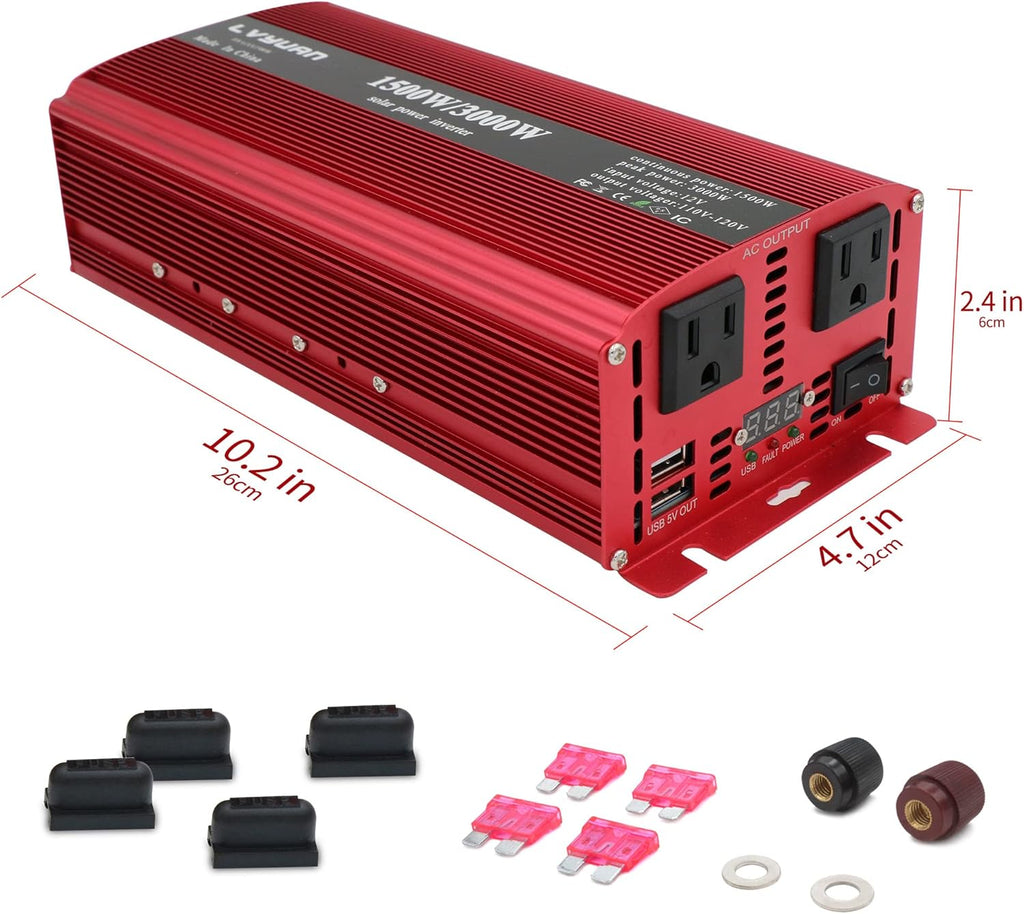 1500W Power Inverter Dual AC Outlets Dual USB DC 12V to 110V AC Car Inverter with Digital Display 4 External 40A Fuses L2269