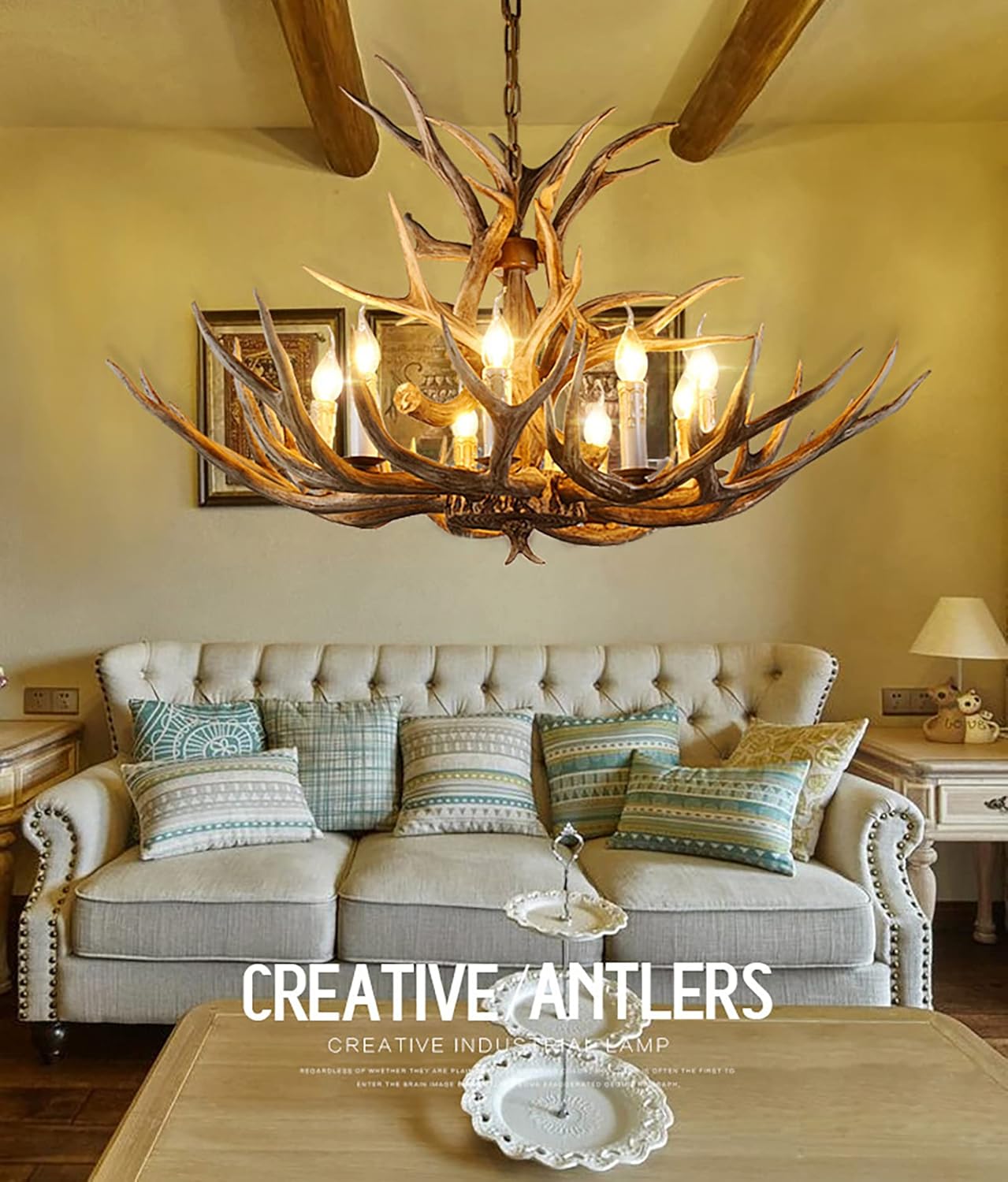 Antler Chandelier 8 Light Rustic Resin Deer Horn Pendant Light D492