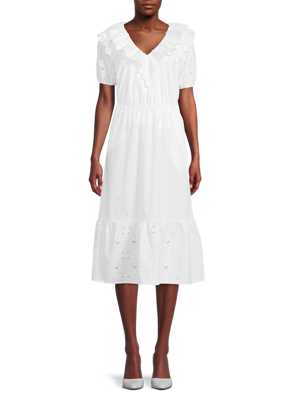 Women's Eyelet Ruffle Midi Dress with Short Sleeves K111750