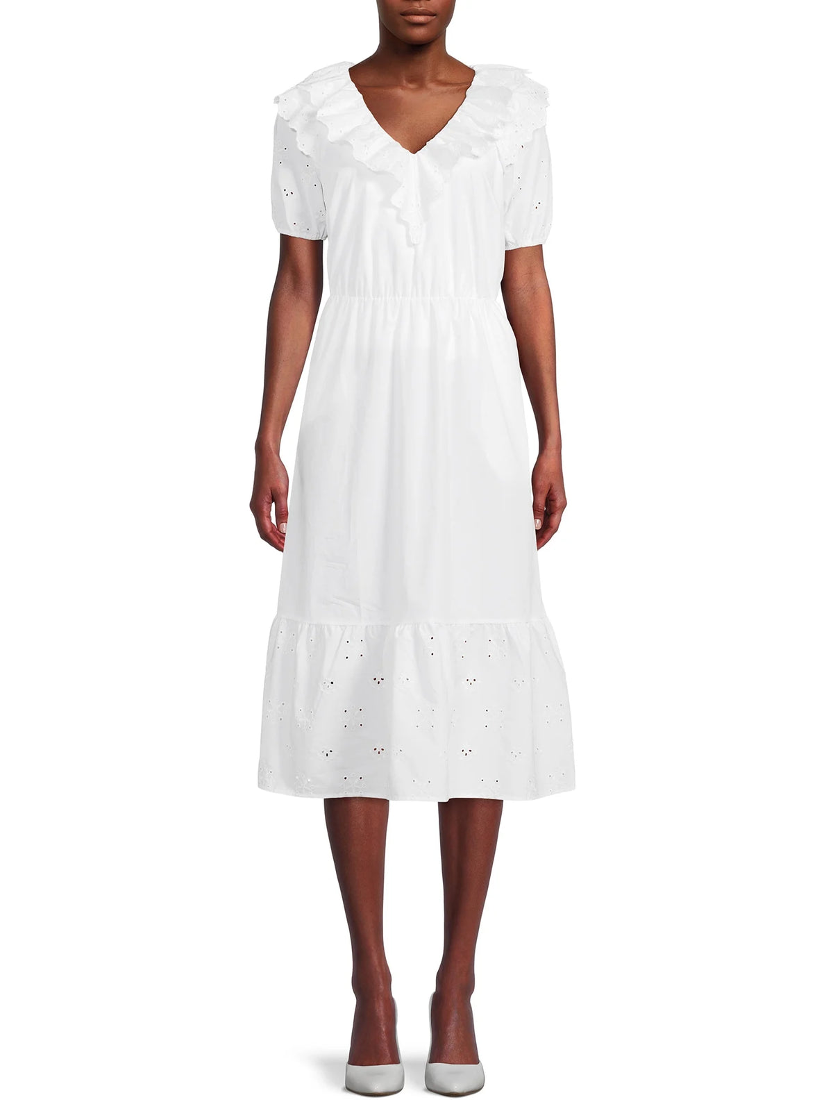 Women's Eyelet Ruffle Midi Dress with Short Sleeves K111750