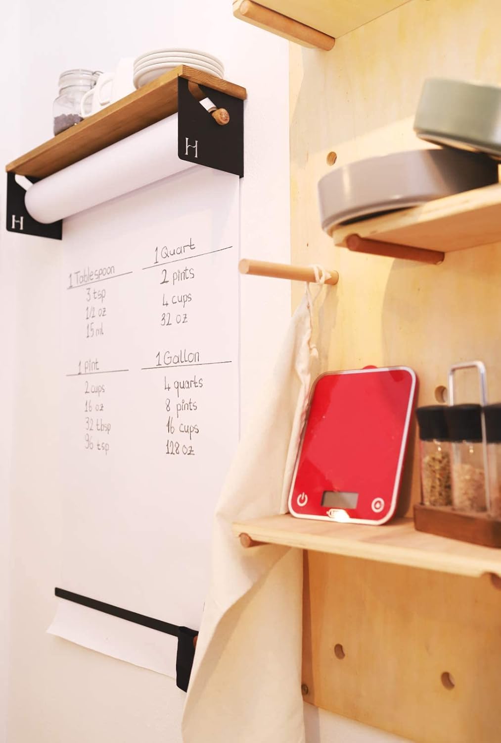 Wall Mounted Kraft Paper Dispenser and Cutter with Paper Roll, Wood Shelf, Magnetic Pencil Holder Y347