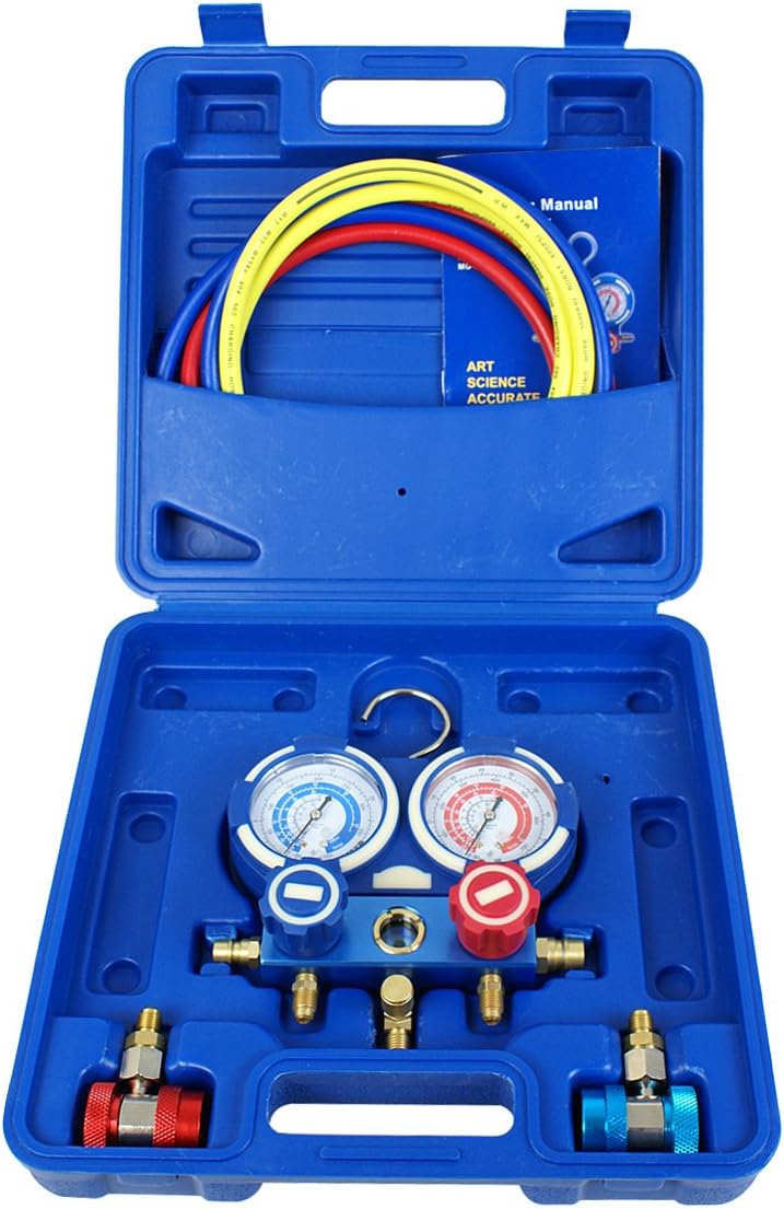 A/C Manifold Gauge Set R134a Refrigeration Kit Brass 4FT w/Case, 1/4 SAE Fittings B13036