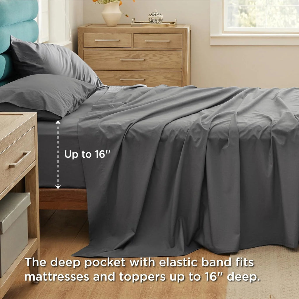 Grey Queen Size 100% Cotton Percale Sheet Set, 4 Pieces M208