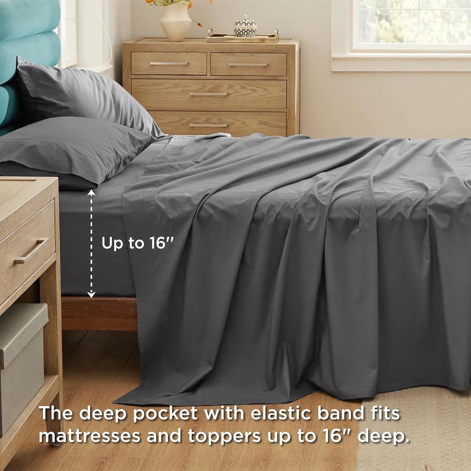 Grey Queen Size 100% Cotton Percale Sheet Set, 4 Pieces M208
