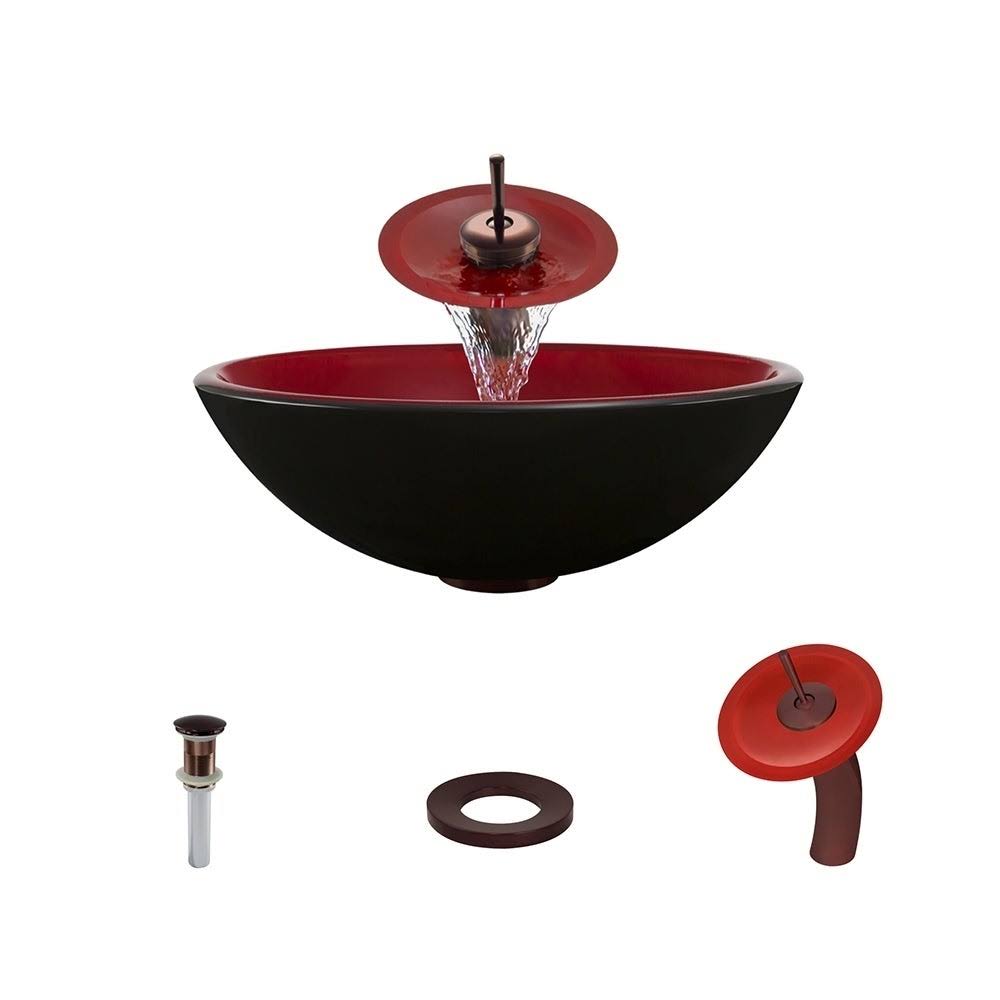 Vessel Sink Ensemble with Oil-Rubbed Bronze Finish Waterfall Faucet, Pop-Up Drain, and Sink Ring I916