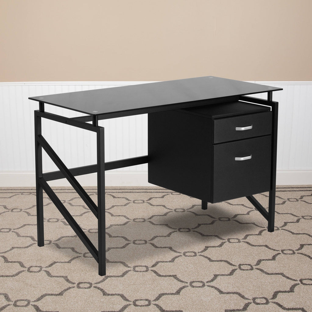 Black Two Drawer Pedestal Desk with Tempered Glass Top and Metal Frame C6241