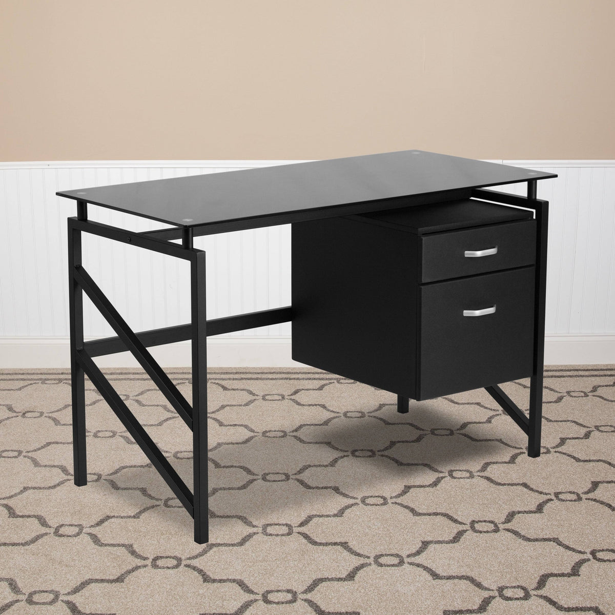 Black Two Drawer Pedestal Desk with Tempered Glass Top and Metal Frame C6241