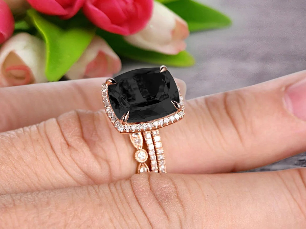 3 Carat Cushion Cut Black Diamond Moissanite Trio Set Ring On 10k Rose Gold W463