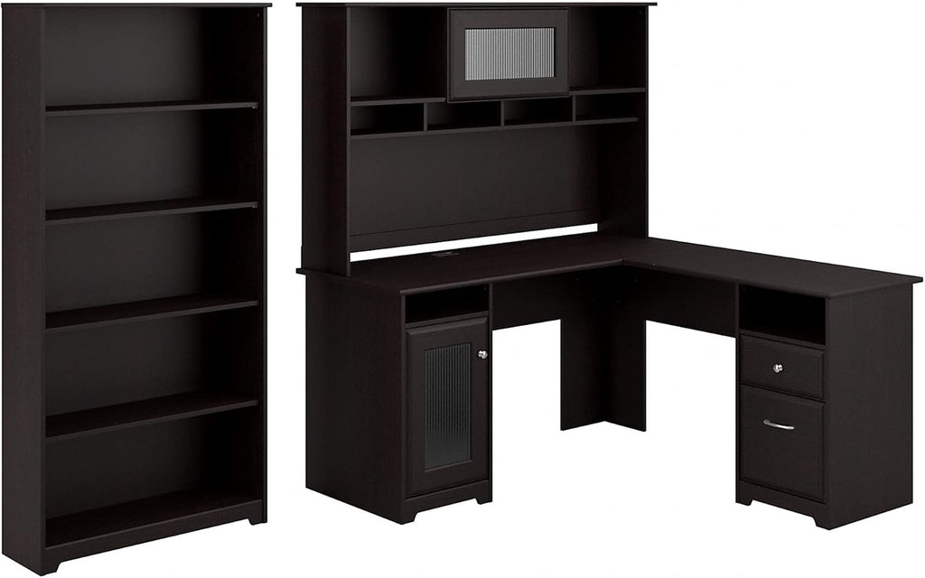 Espresso Oak L Shaped Desk with Hutch and 5 Shelf Bookcase C876