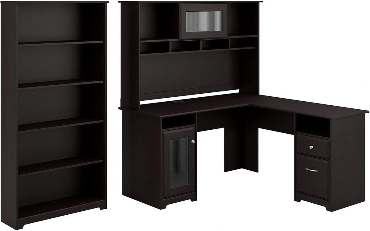 Espresso Oak L Shaped Desk with Hutch and 5 Shelf Bookcase C876