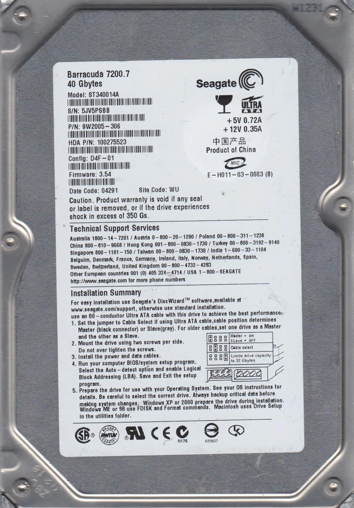 40GB IDE 3.5 Hard Drive Z33694