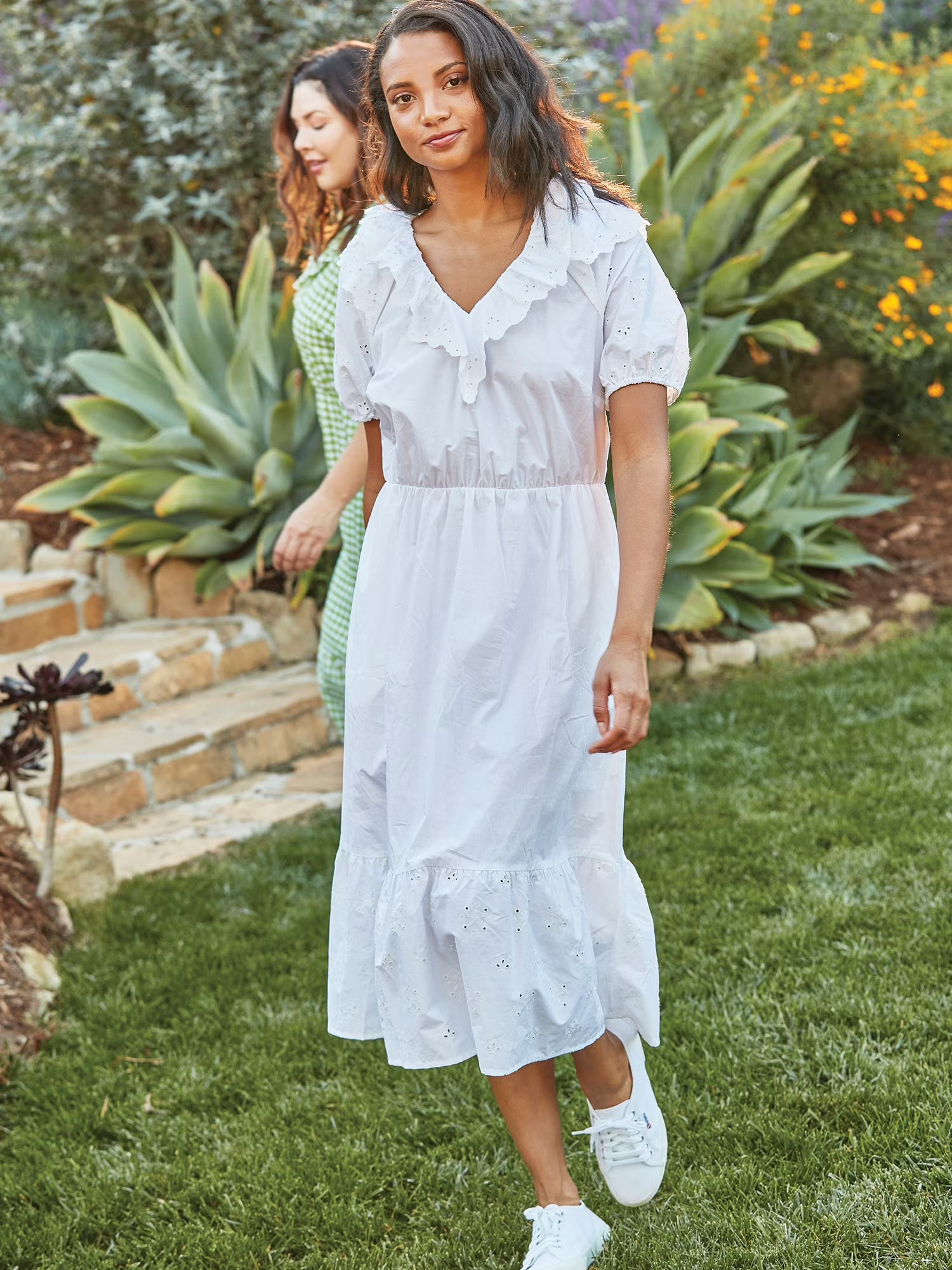 Women's Eyelet Ruffle Midi Dress with Short Sleeves K111750