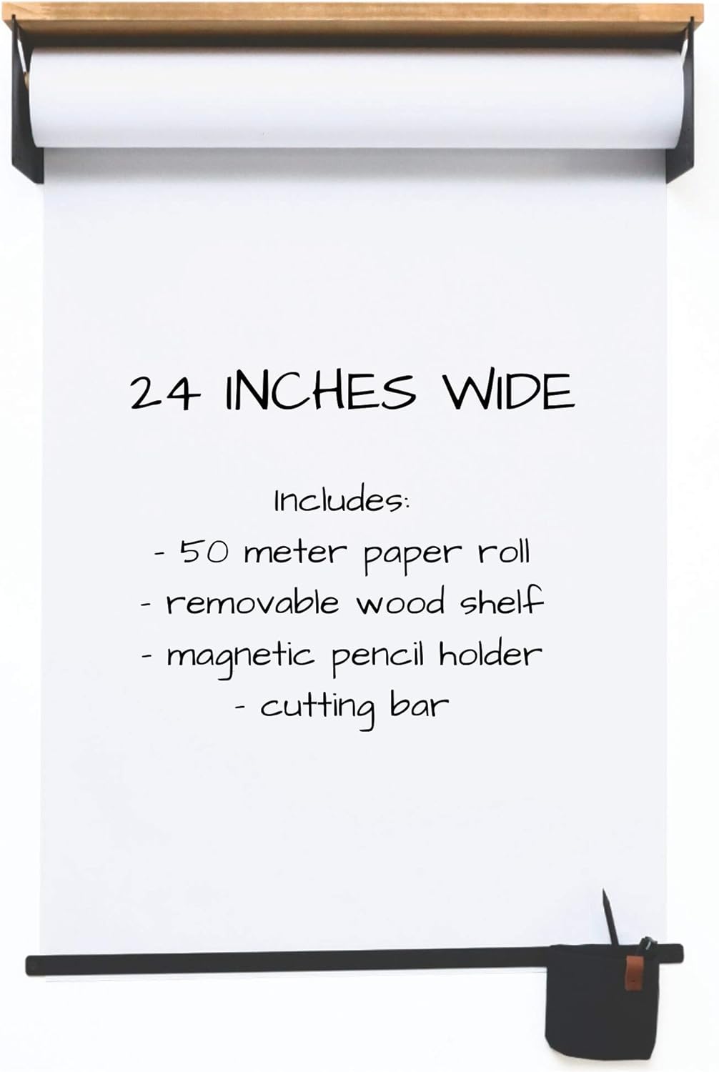 Wall Mounted Kraft Paper Dispenser and Cutter with Paper Roll, Wood Shelf, Magnetic Pencil Holder Y347