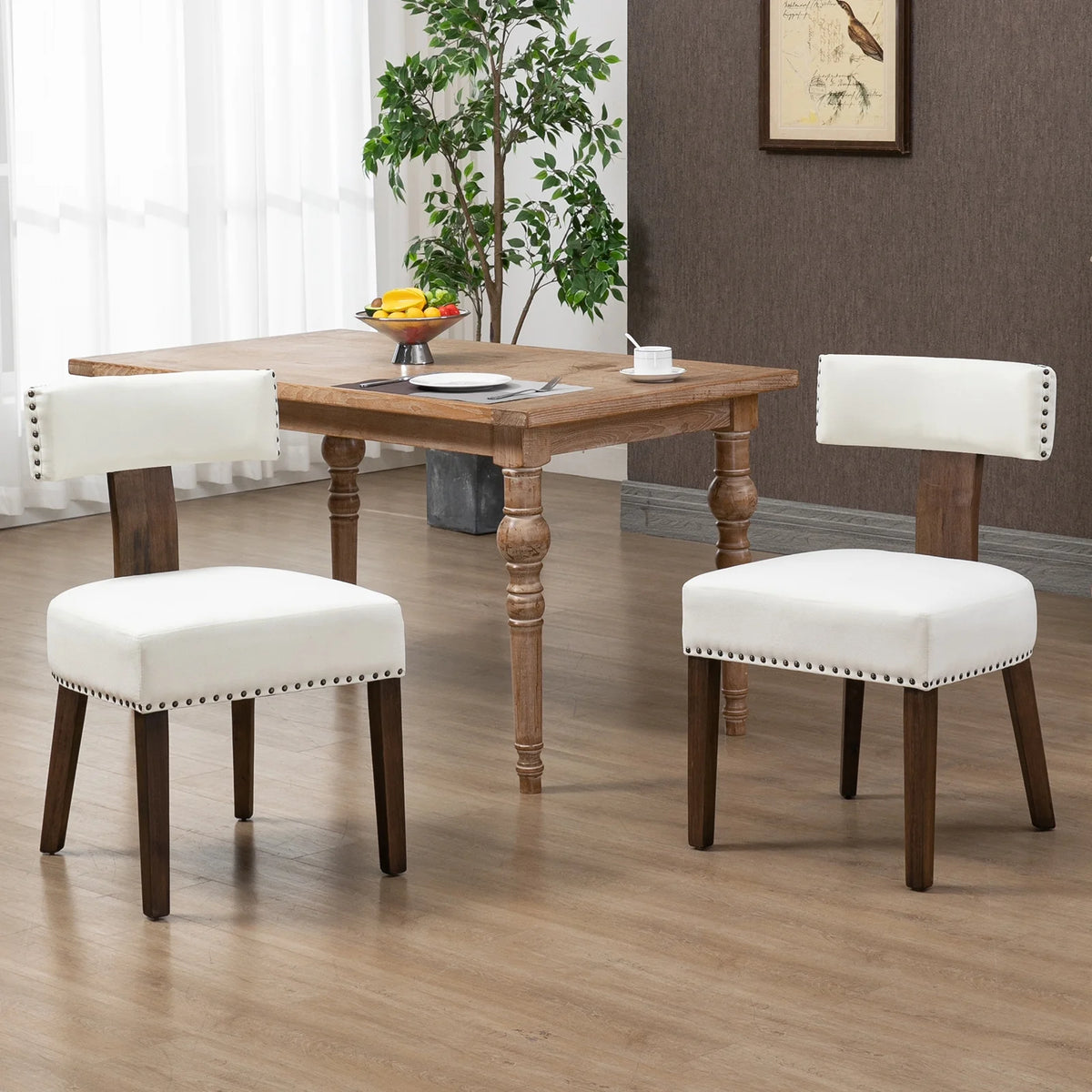 Beige Upholstered Linen Dining Chairs Set of 6 with Wooden Legs G246