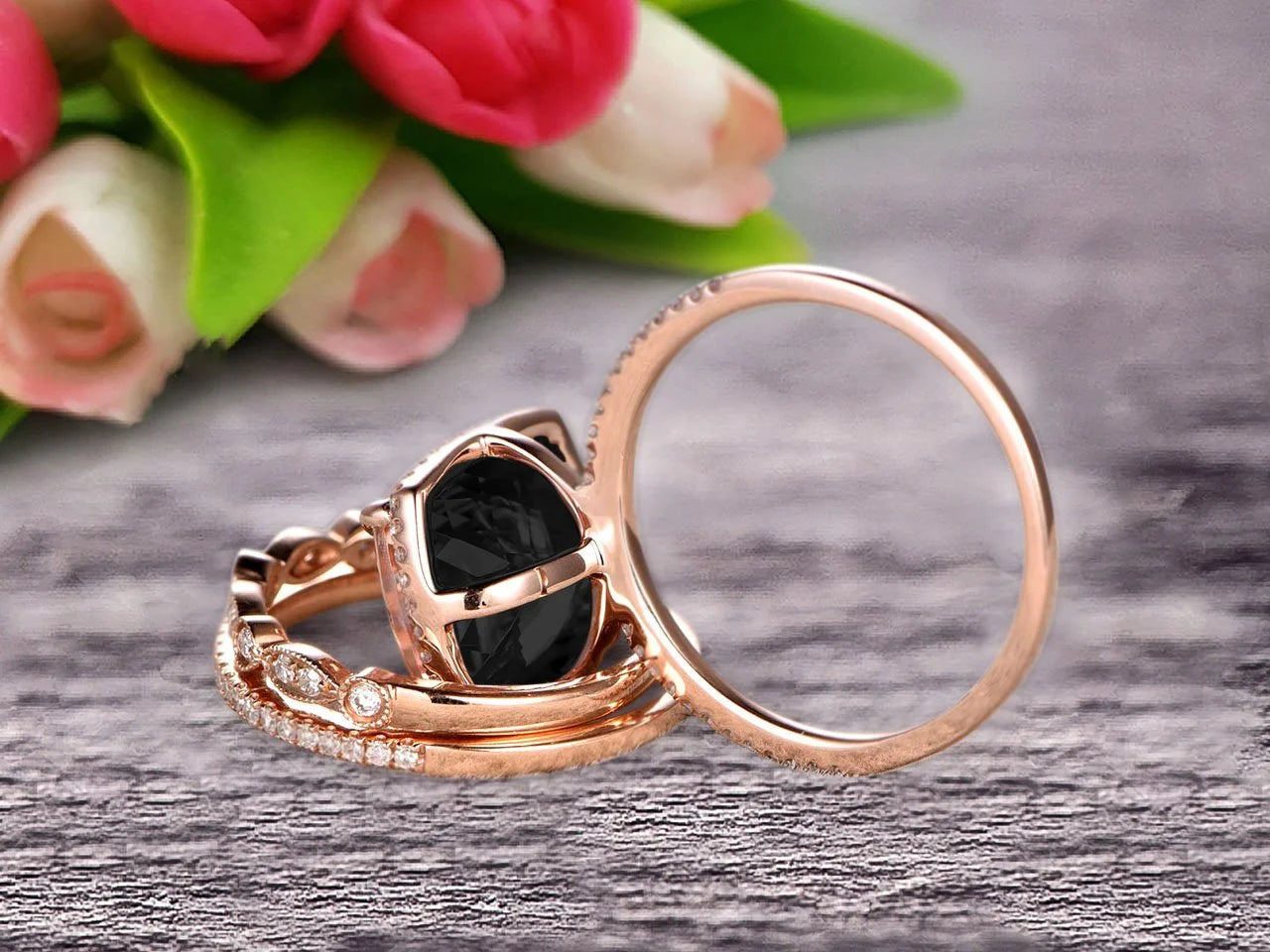 3 Carat Cushion Cut Black Diamond Moissanite Trio Set Ring On 10k Rose Gold W463