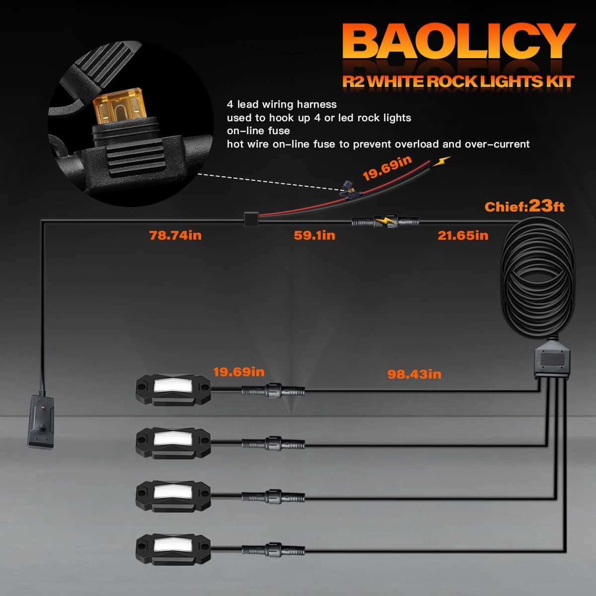 4Pods LED Rock Lights Kit with Switch Wire Harness L612
