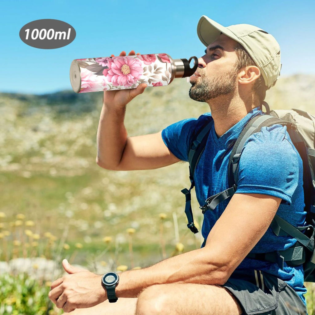 Pink Flowers Floral Print Stainless Steel Insulated Water Bottle with Straw Lid P395876