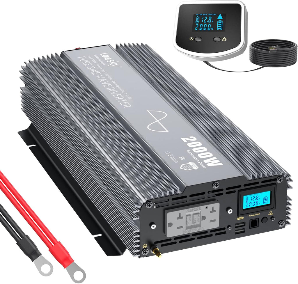 2000W Pure Sine Wave Power Inverter DC 12V to AC 110V 120V with GFCI Socket Dual 2.4A USB Ports LCD Display Remote Controller K87556