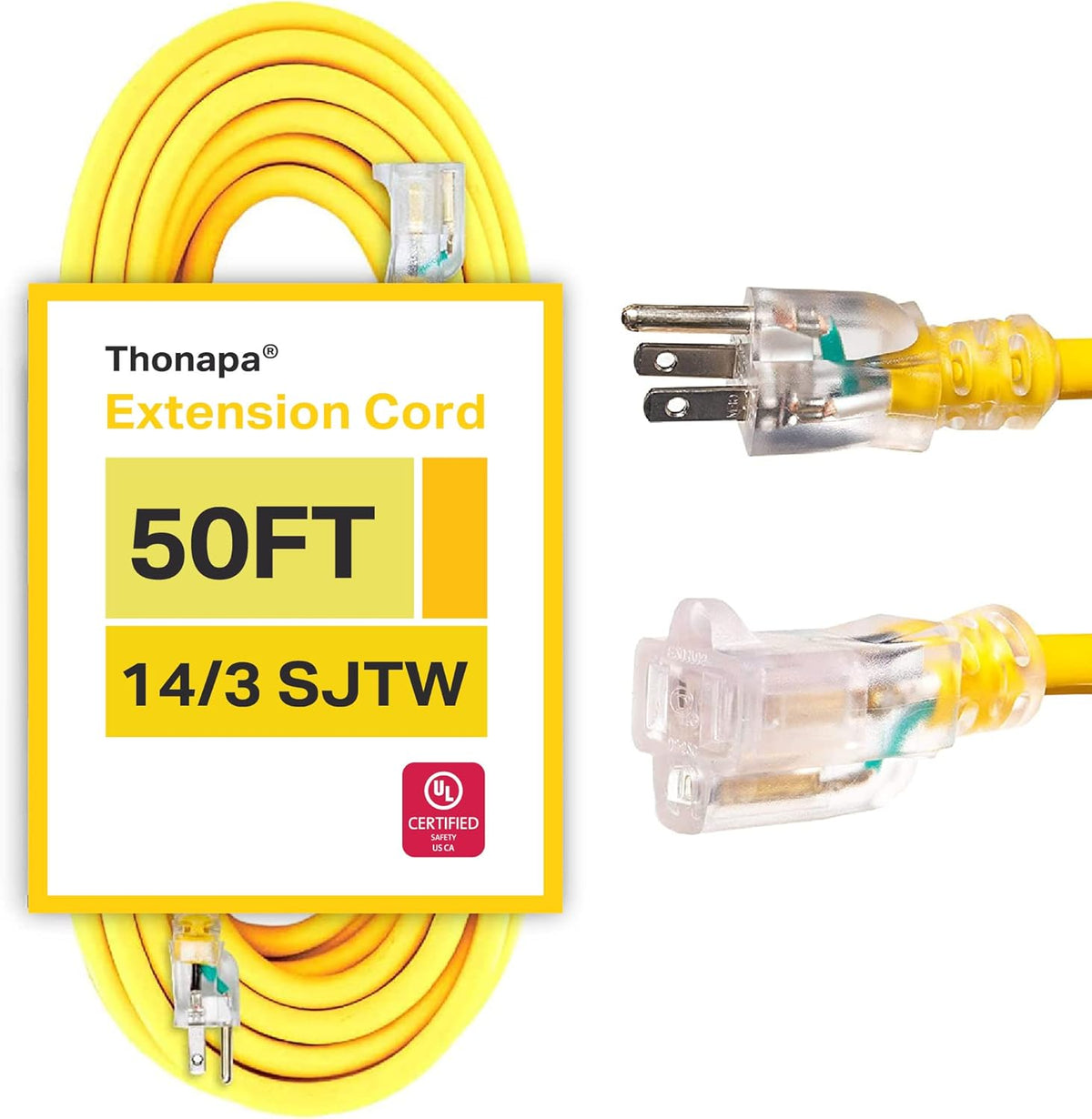 14/3 Heavy Duty Lighted Outdoor Extension Cord Yellow 3 Prong Grounded Plug 100 Ft SJTW Z7820