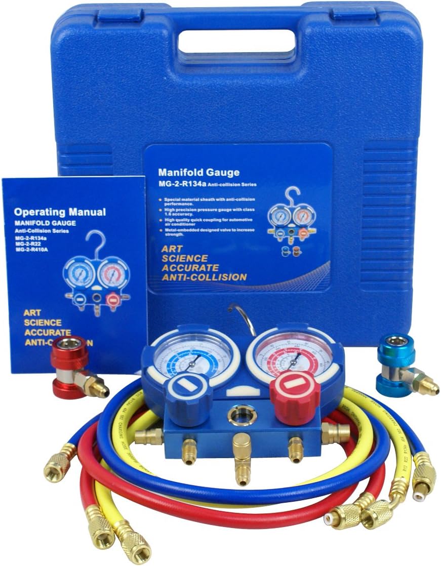 A/C Manifold Gauge Set R134a Refrigeration Kit Brass 4FT w/Case, 1/4 SAE Fittings B13036