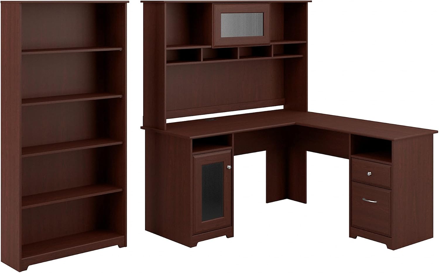 Espresso Oak L Shaped Desk with Hutch and 5 Shelf Bookcase C876