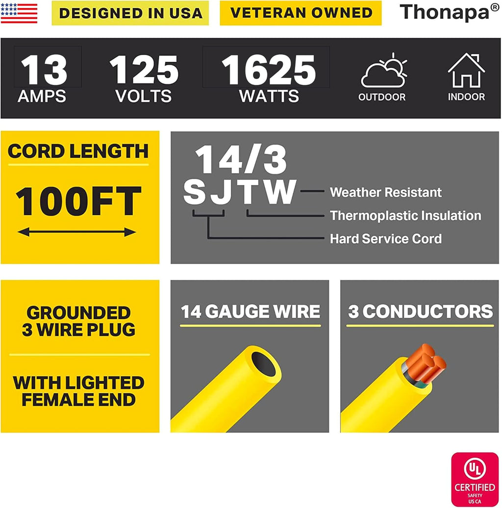 14/3 Heavy Duty Lighted Outdoor Extension Cord Yellow 3 Prong Grounded Plug 100 Ft SJTW Z7820